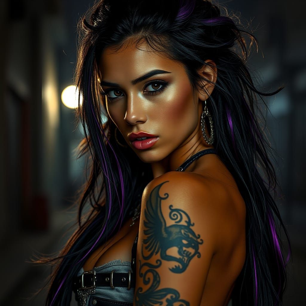 Stunning Tattooed Woman in Dark Urban Fantasy