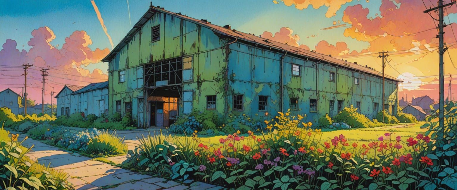 Abandoned Warehouse Bathed in Cheerful Morning Sunlight