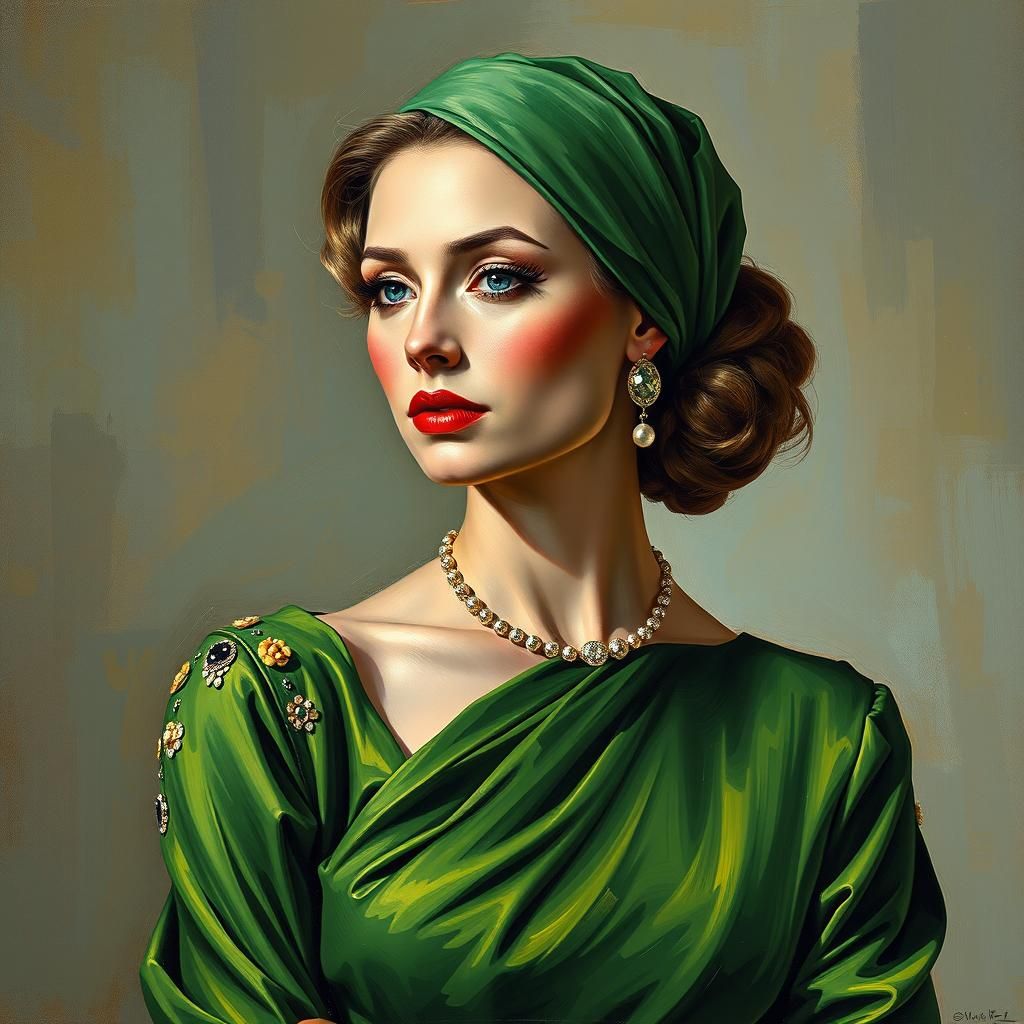Elegant Woman in Green Dress: Impasto Portrait