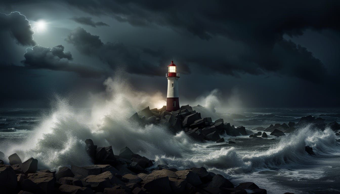 Stormy Night: Lighthouse Beacon on Rocky Shoreline