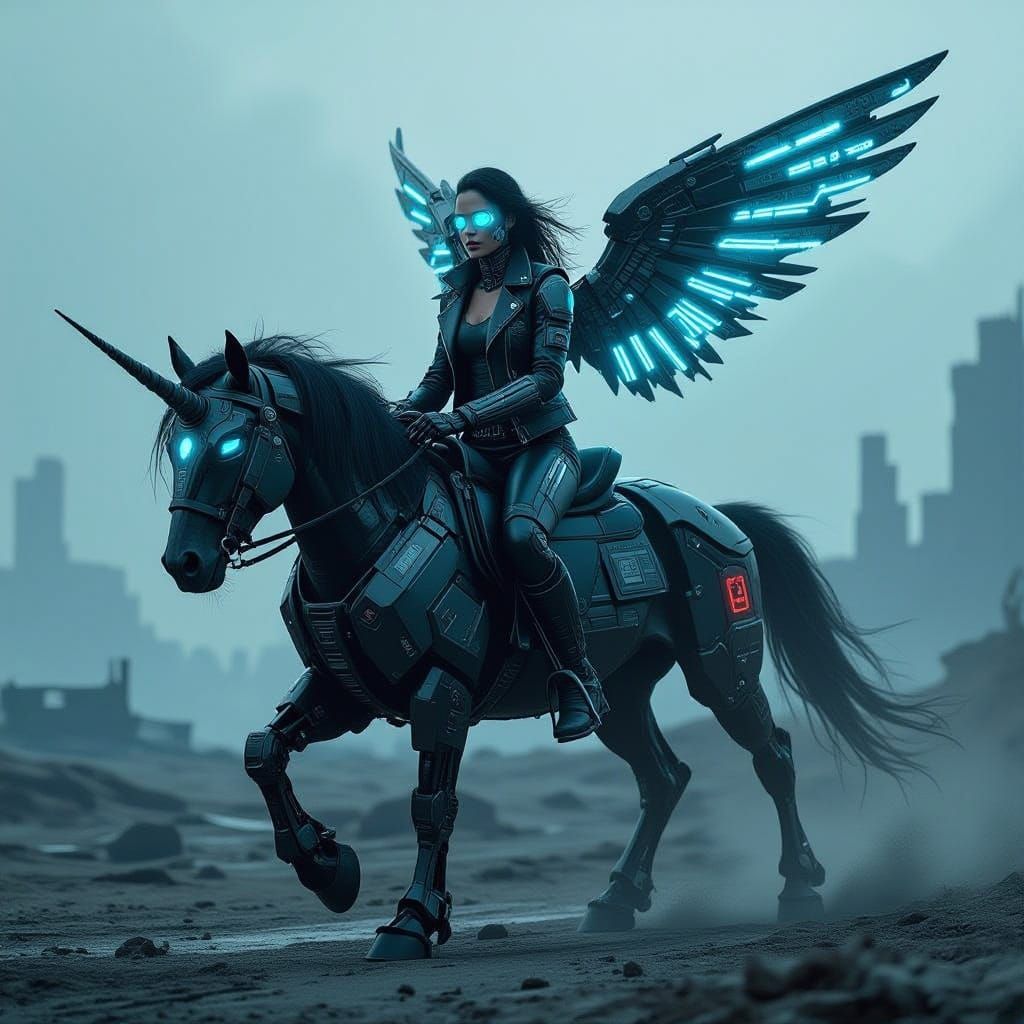 Cyborg Warrior Rides Cyberpunk Unicorn Across Wasteland