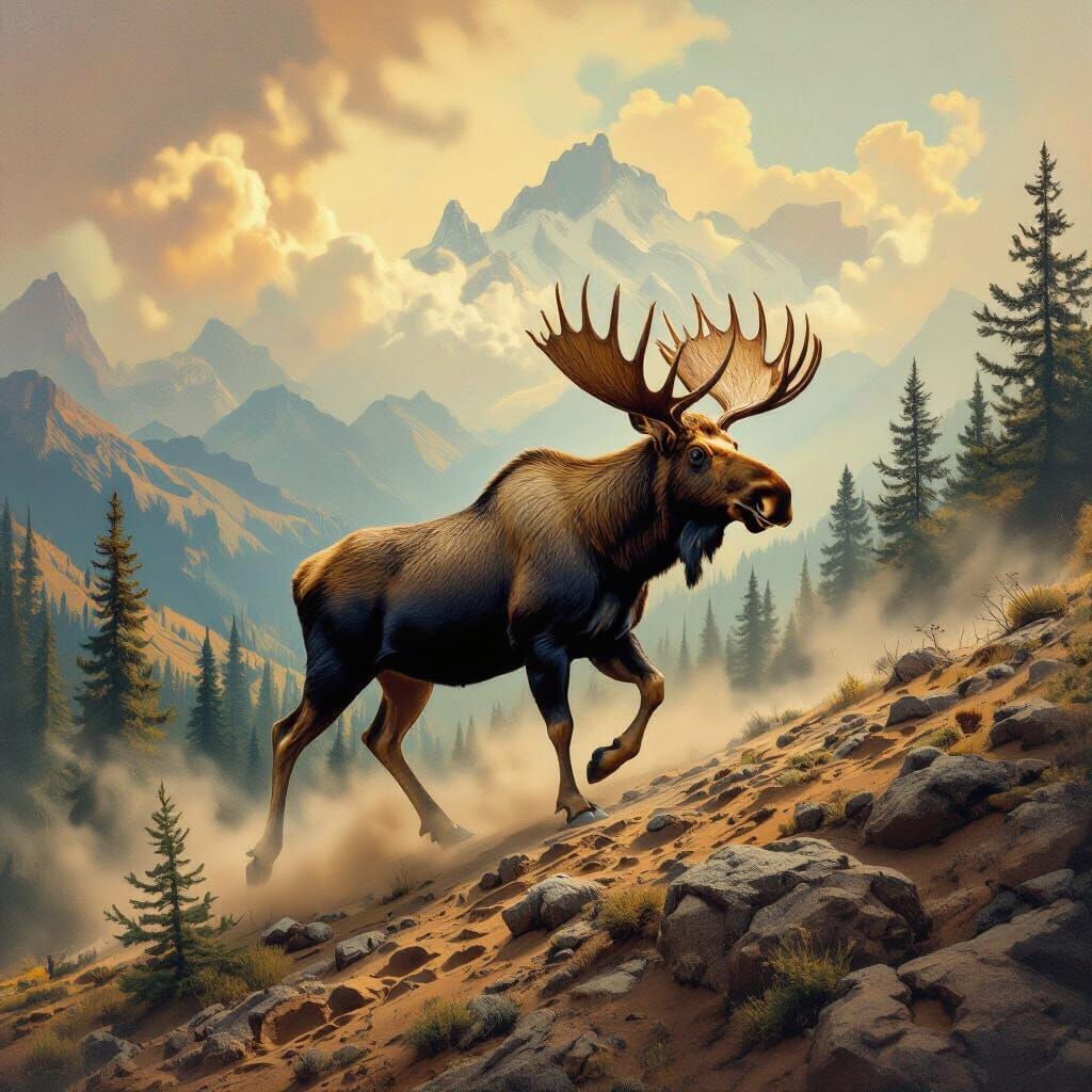 Moose Emerges from Painting into Stormy Landscape