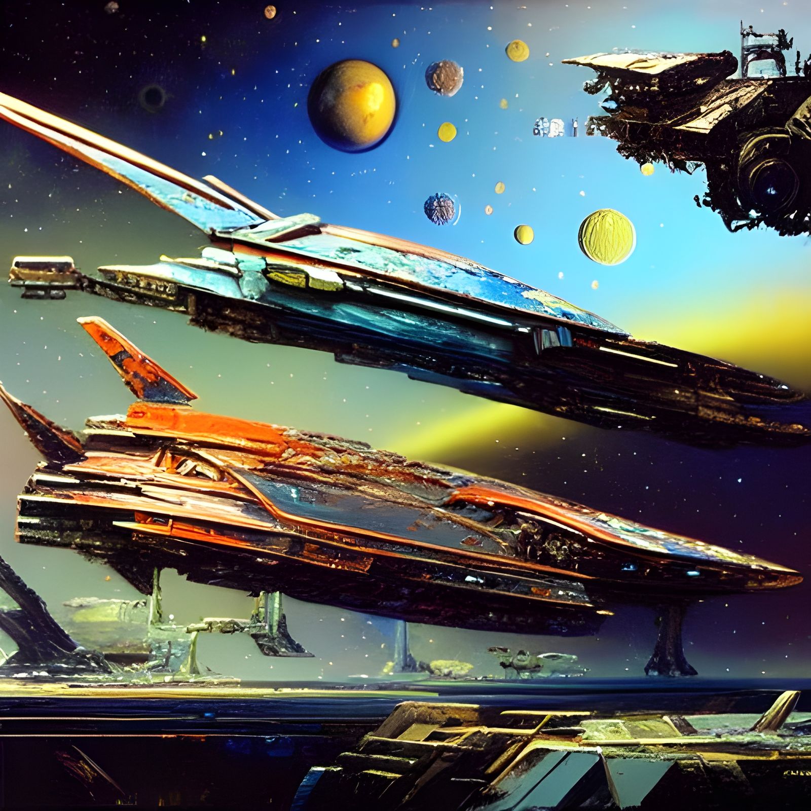 Spaceship Junkyard in Asteroid Belt: Retrofuturist Digital A...