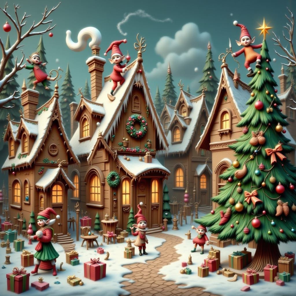 Gnomes Decorate Gingerbread Village for Christmas