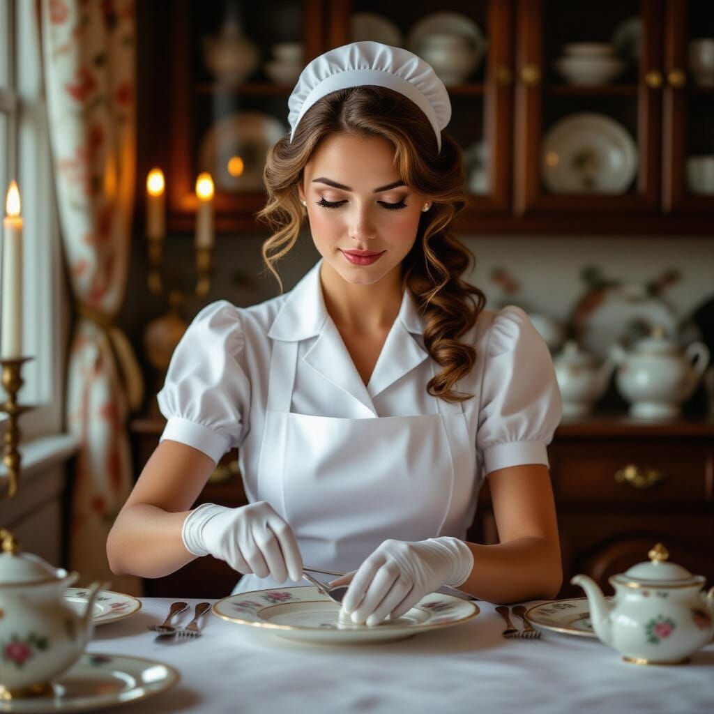 Attentive Maid Polishing Silverware in Realistic Photography...