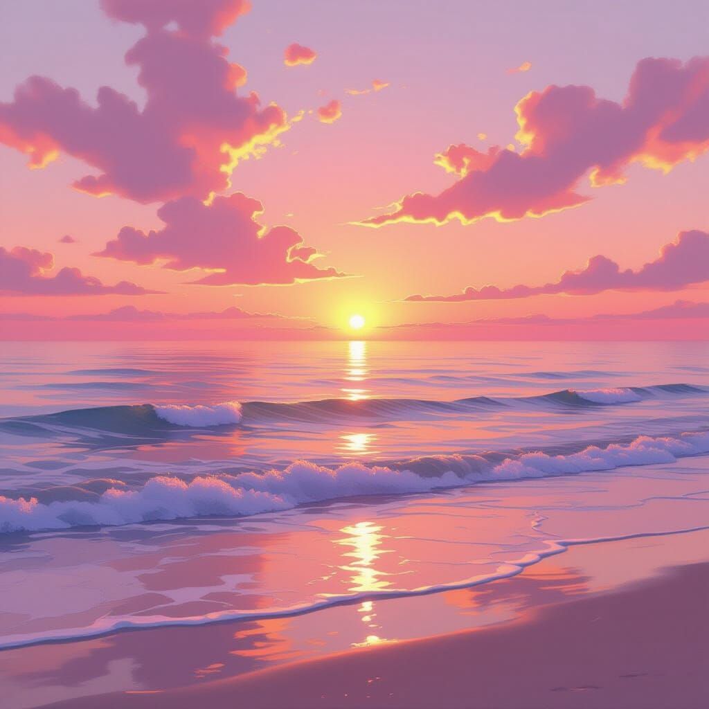 Romantic Sunset Over Calm Ocean with Pink Hues