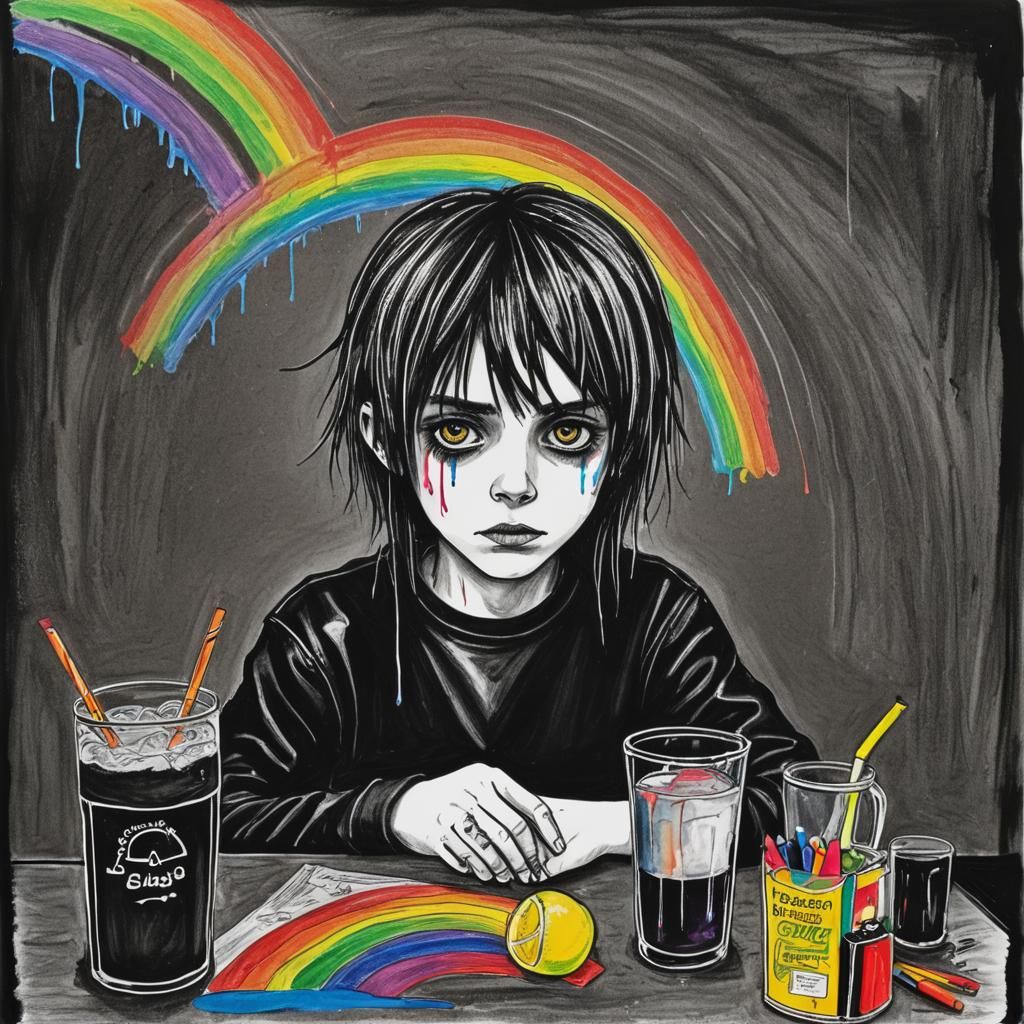 Gloomy Goth Teenager with Rainbows, Surreal Crayon Art