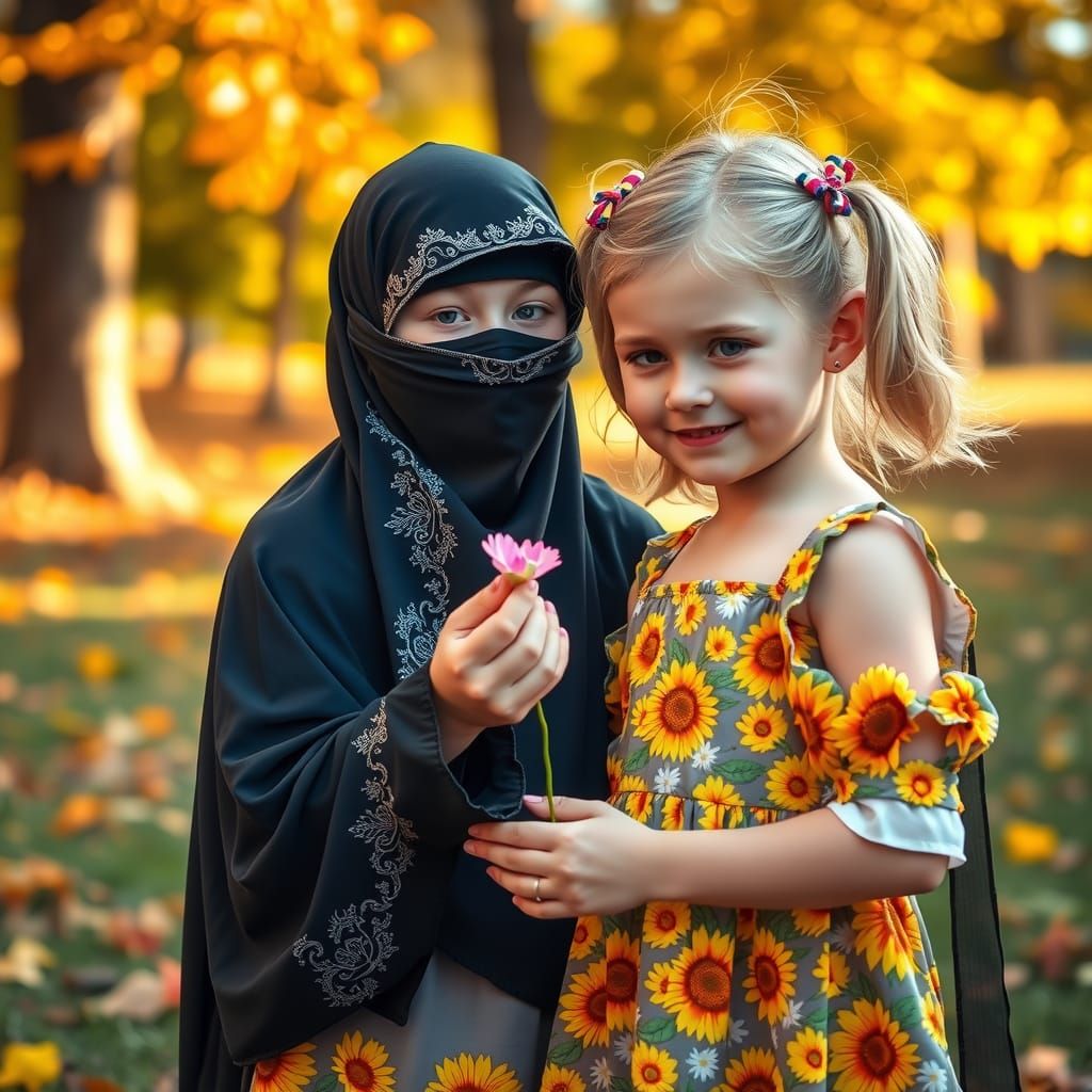 Two Little Girls Sharing a Flower in Autumn Light