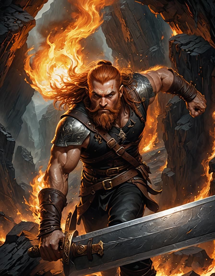 Muscular Dwarf Warrior in Burning Cave, Dark Fantasy Art