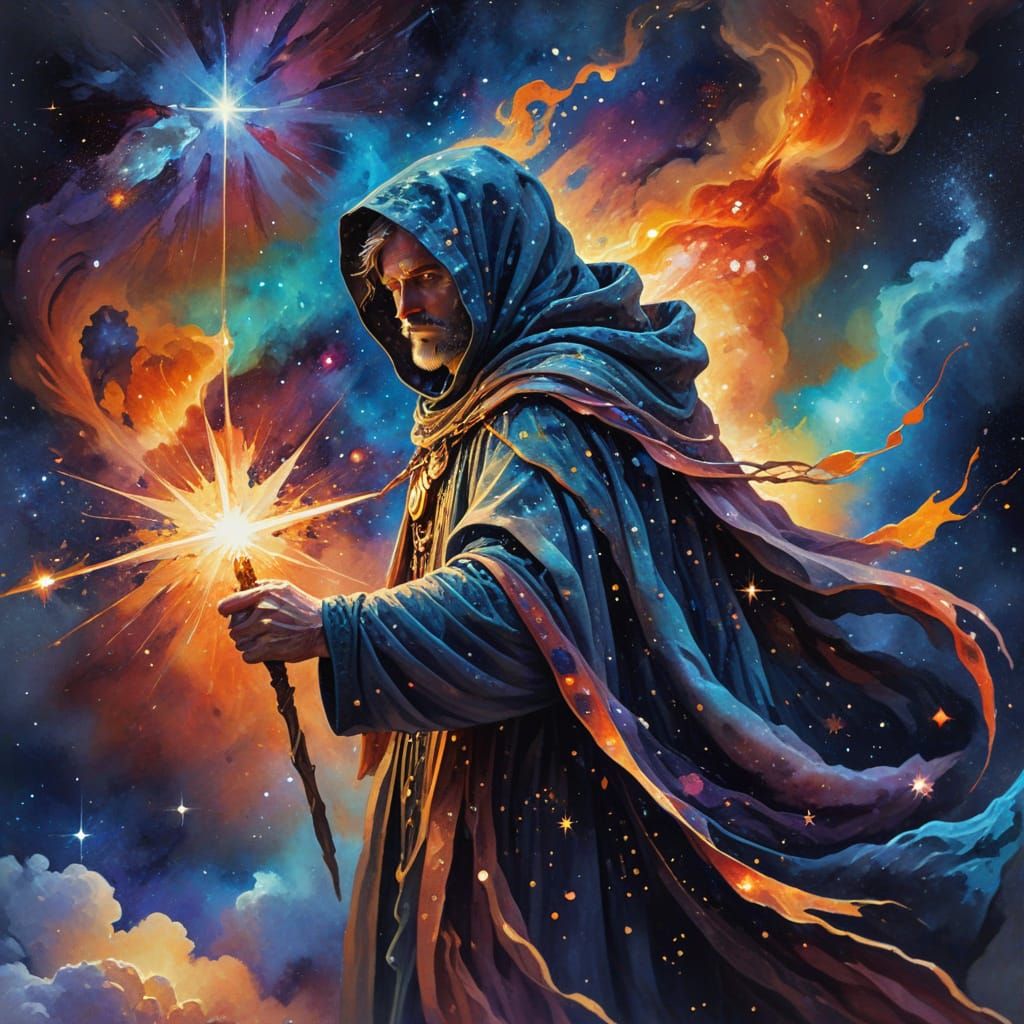 Cloaked Figure with Glowing Staff in Gouache Style