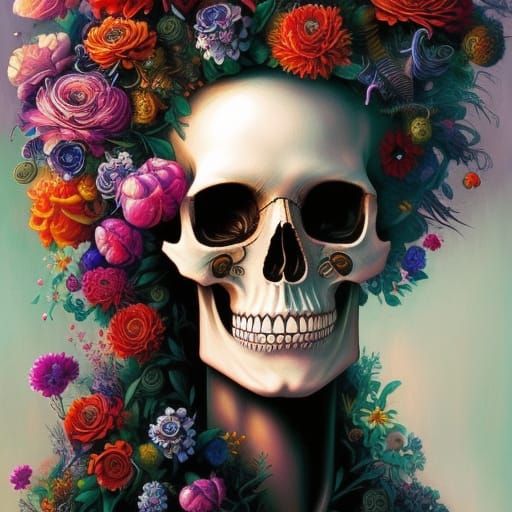 Detailed Skull and Flowers Portrait