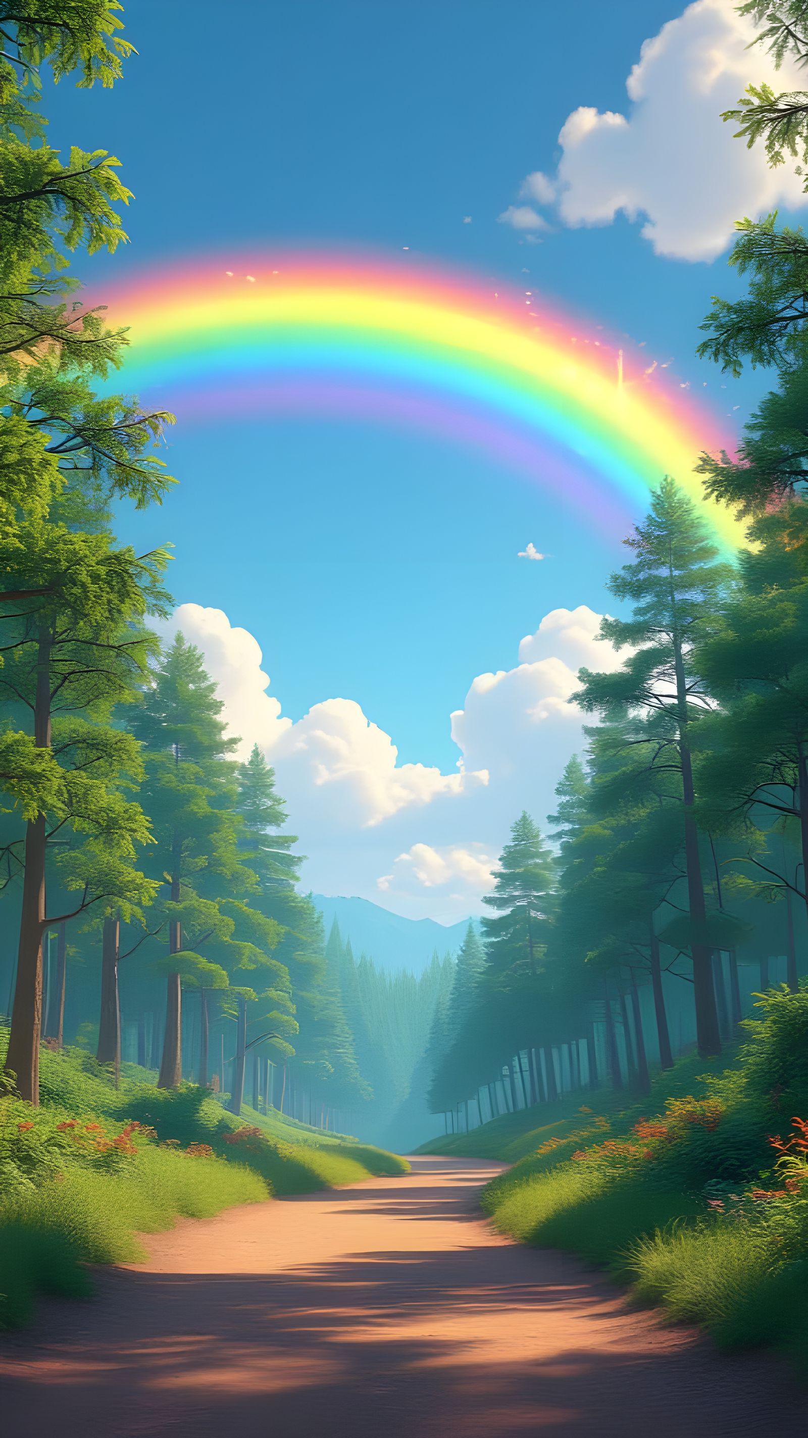 Rainbow Over Forest Path: 3D Digital Art