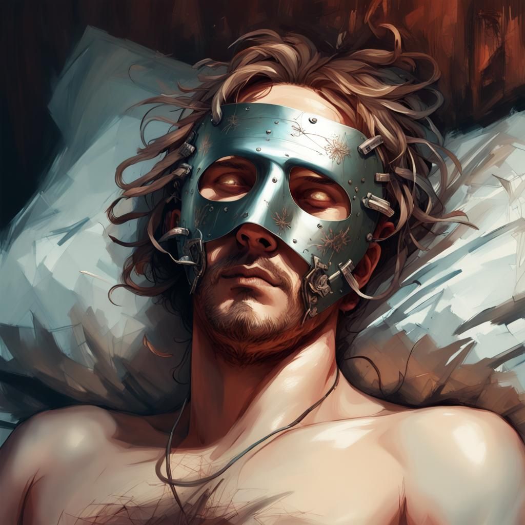Man with Metal Mask Sleeping: Digital Illustration