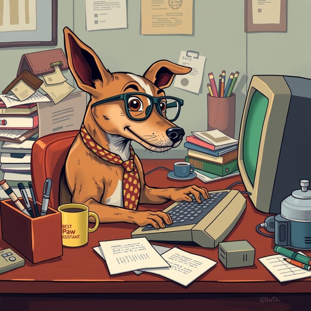 Dog Paw-ssistant Typing at Desk in Keele-esque Style