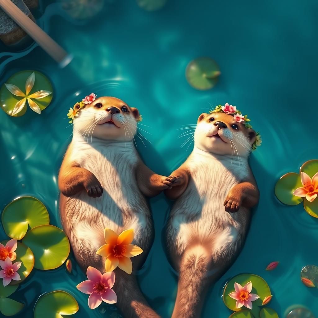 Otters in Floral Wreaths on Serene River