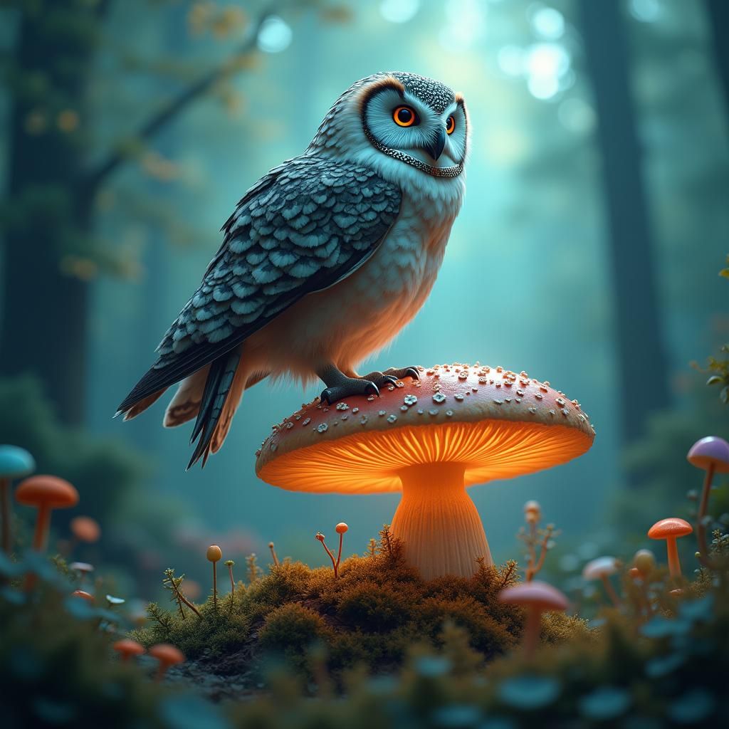 Majestic Owl on Mushroom, Atmospheric Digital Painting