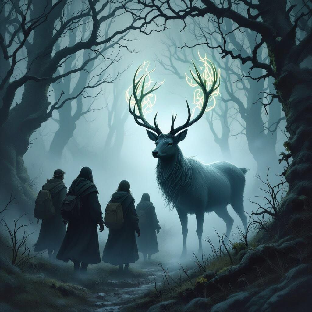 Ghostly Deer Guiding Travelers in Enchanted Forest