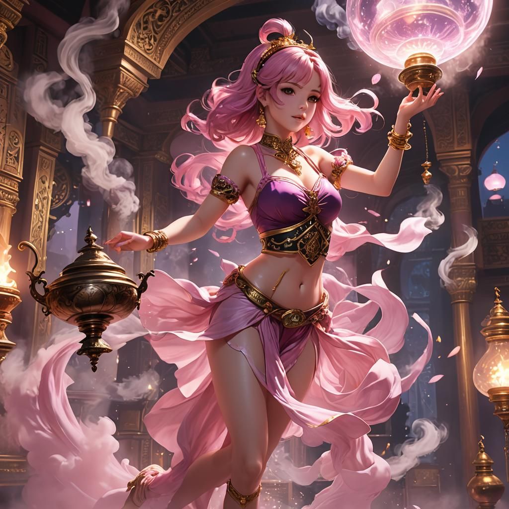 Pink Anime Genie Emerges from Magic Lamp