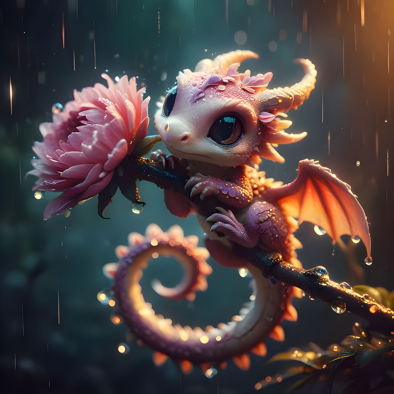 Whimsical Cartoon Dragon Rests on a Flower Branch in the Rai...