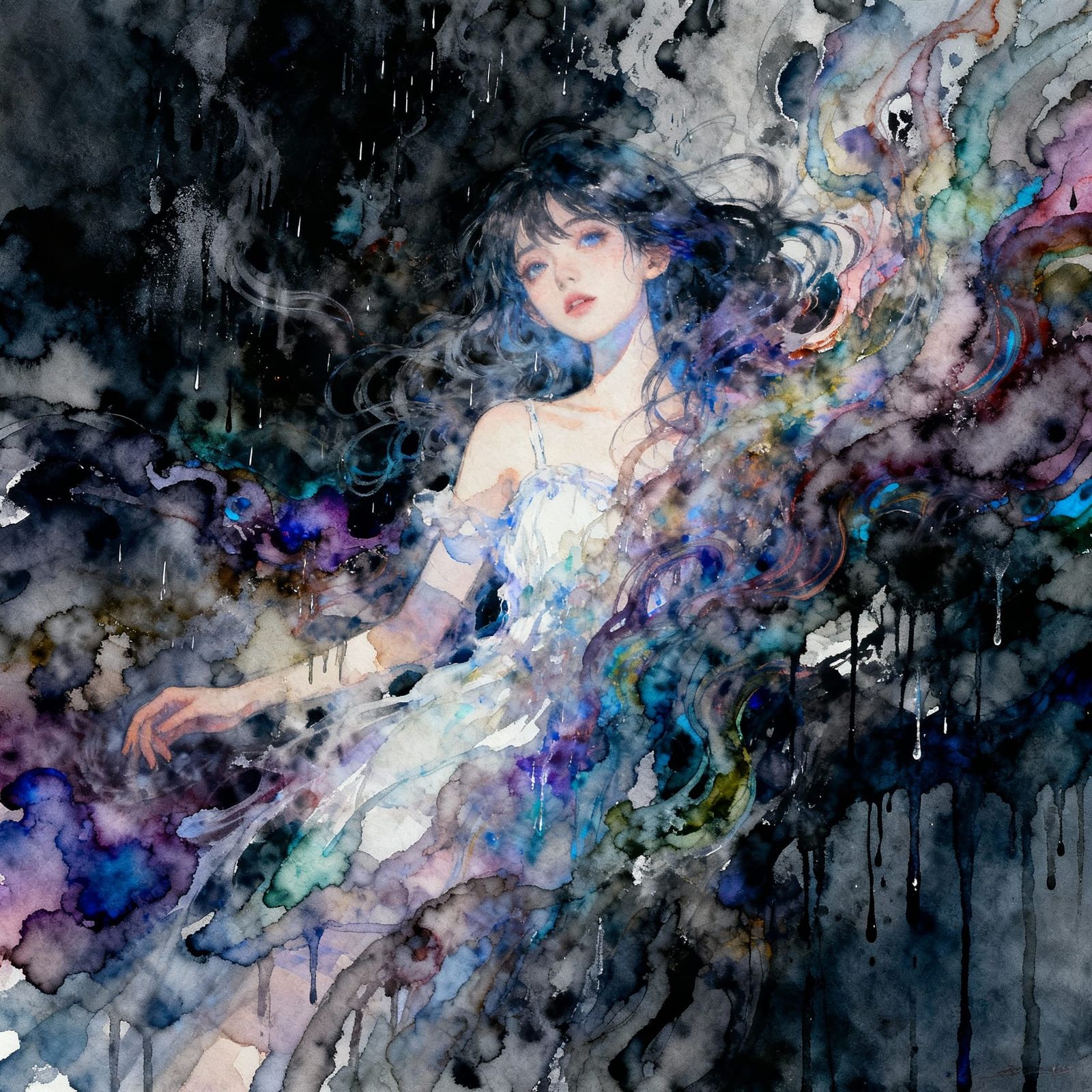 Delicate Female Figure Emerges From Swirling Chaos in Waterc...