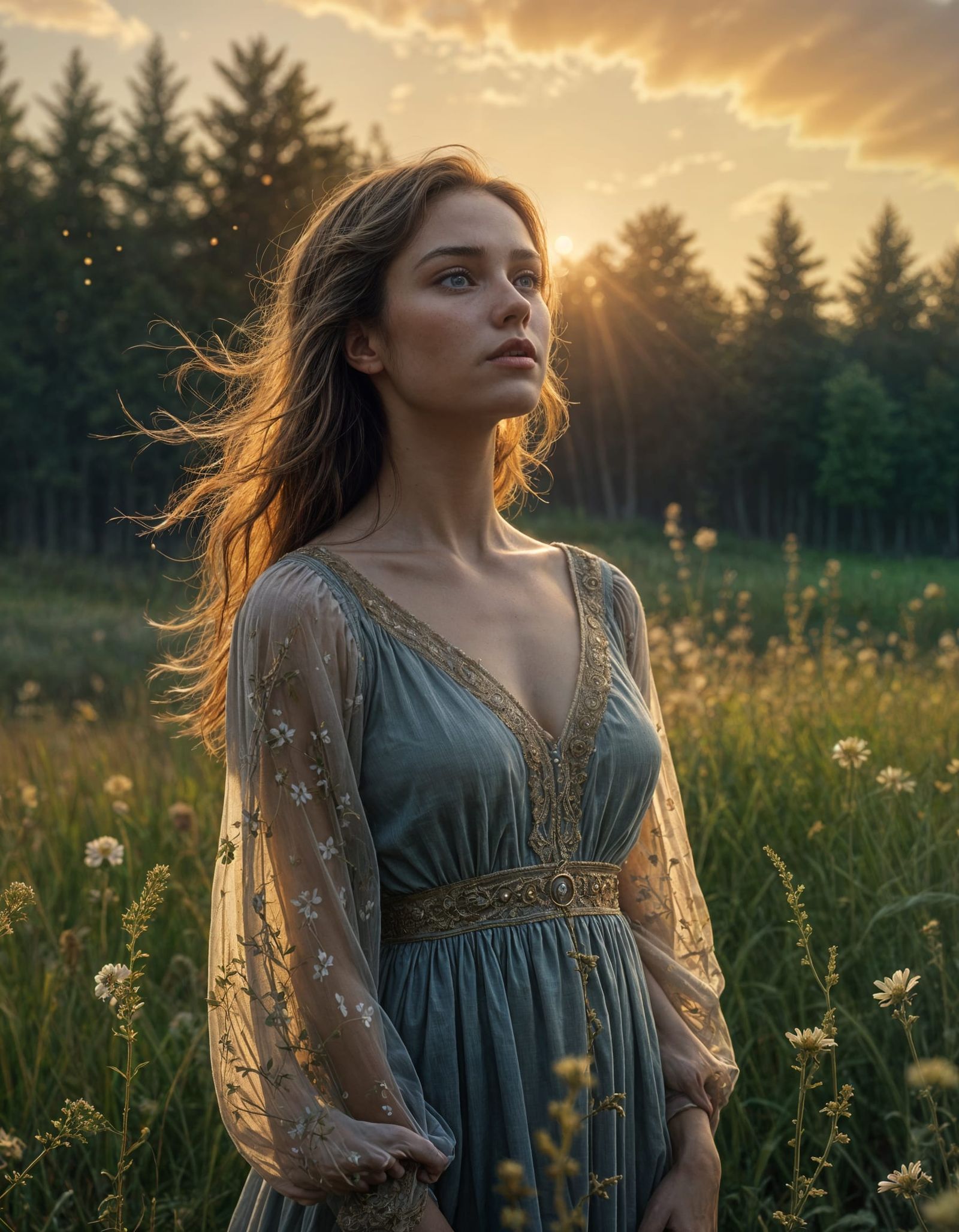 Young Woman in Twilight Meadow, Hyper-Realistic Digital Art