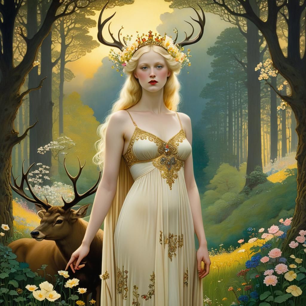 Sunset Forest Glade with Antlered Woman in Fairy Tale Style