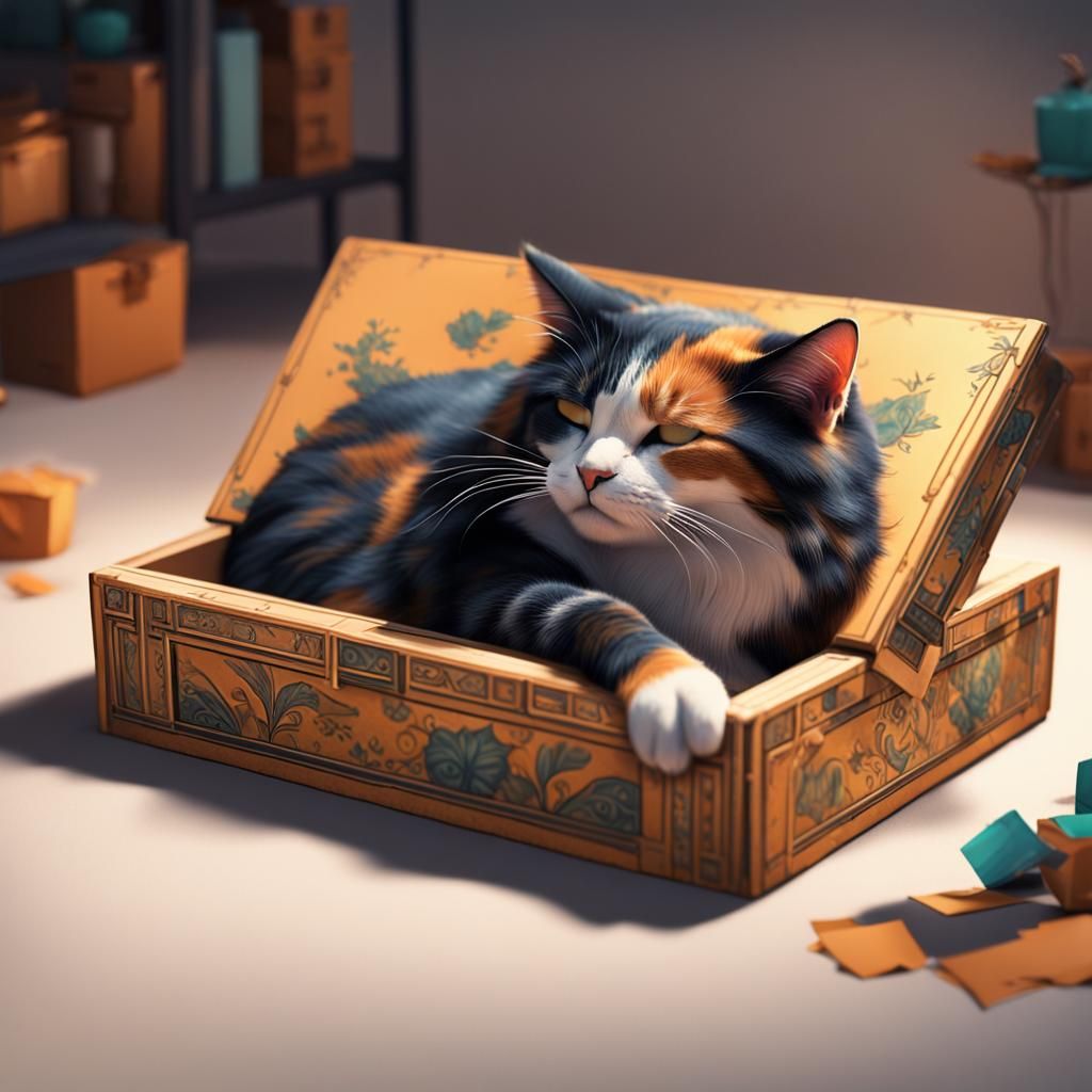 Calico Cat Napping: Detailed Matte Painting