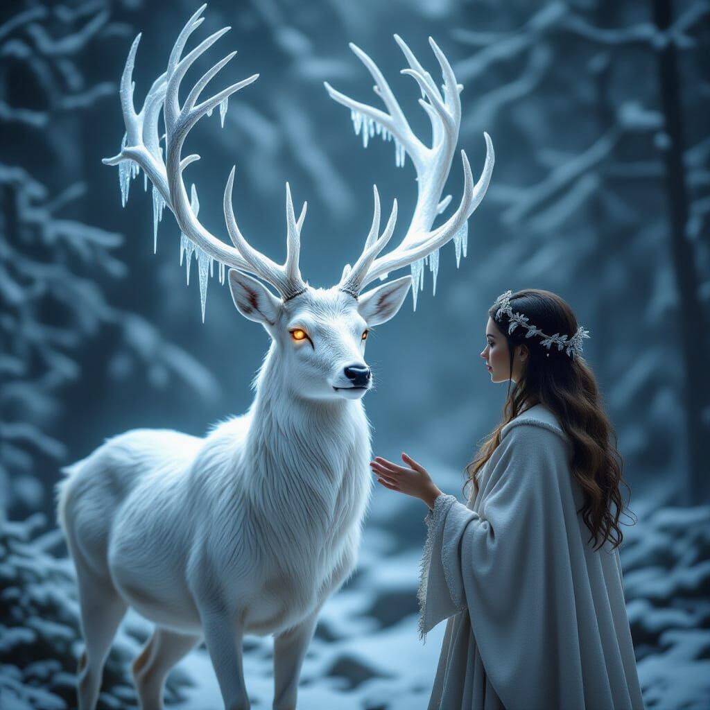 Mystical Deer Transformation with Ice Antlers
