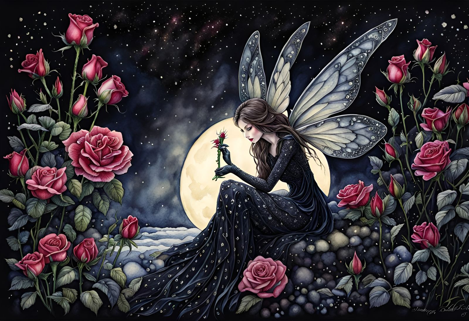 Dark faerie, Moonlight reflected on bright shimmering snow, ...