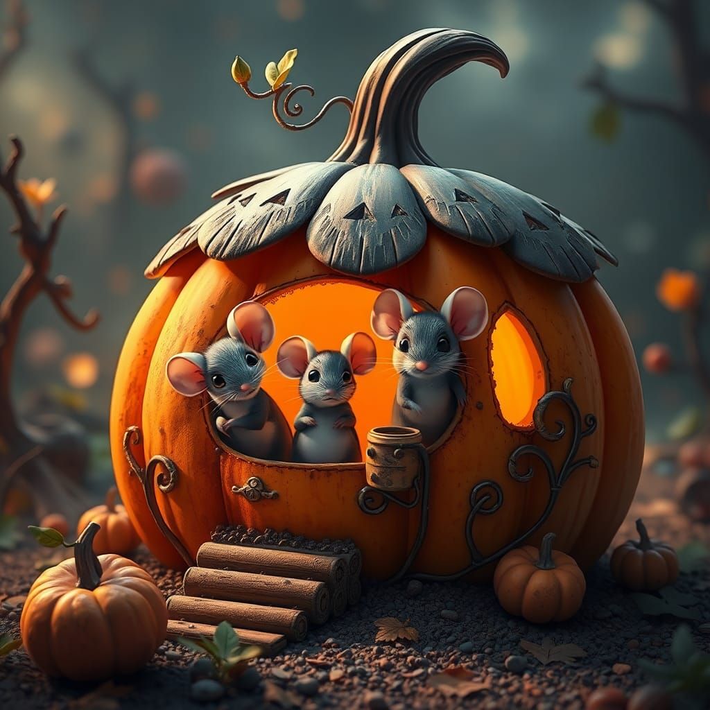 Mice Family's Pumpkin Home in Anime Style