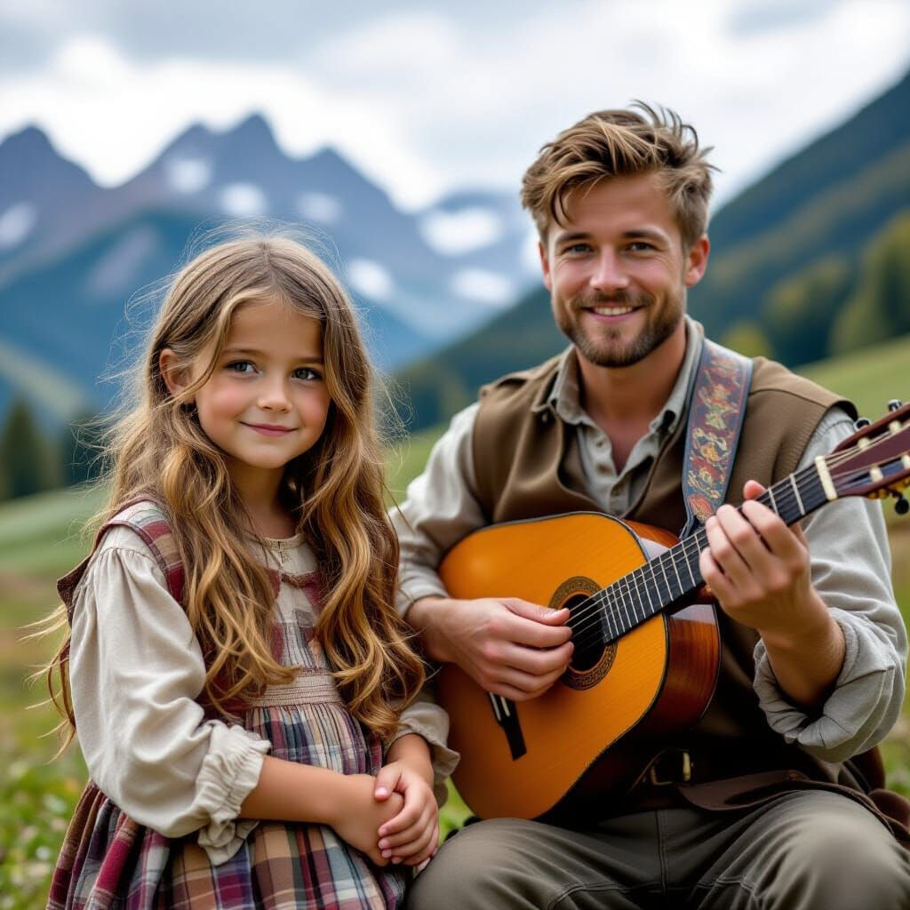 Orphan Girl and Bard in Medieval Town, Fairytale Style