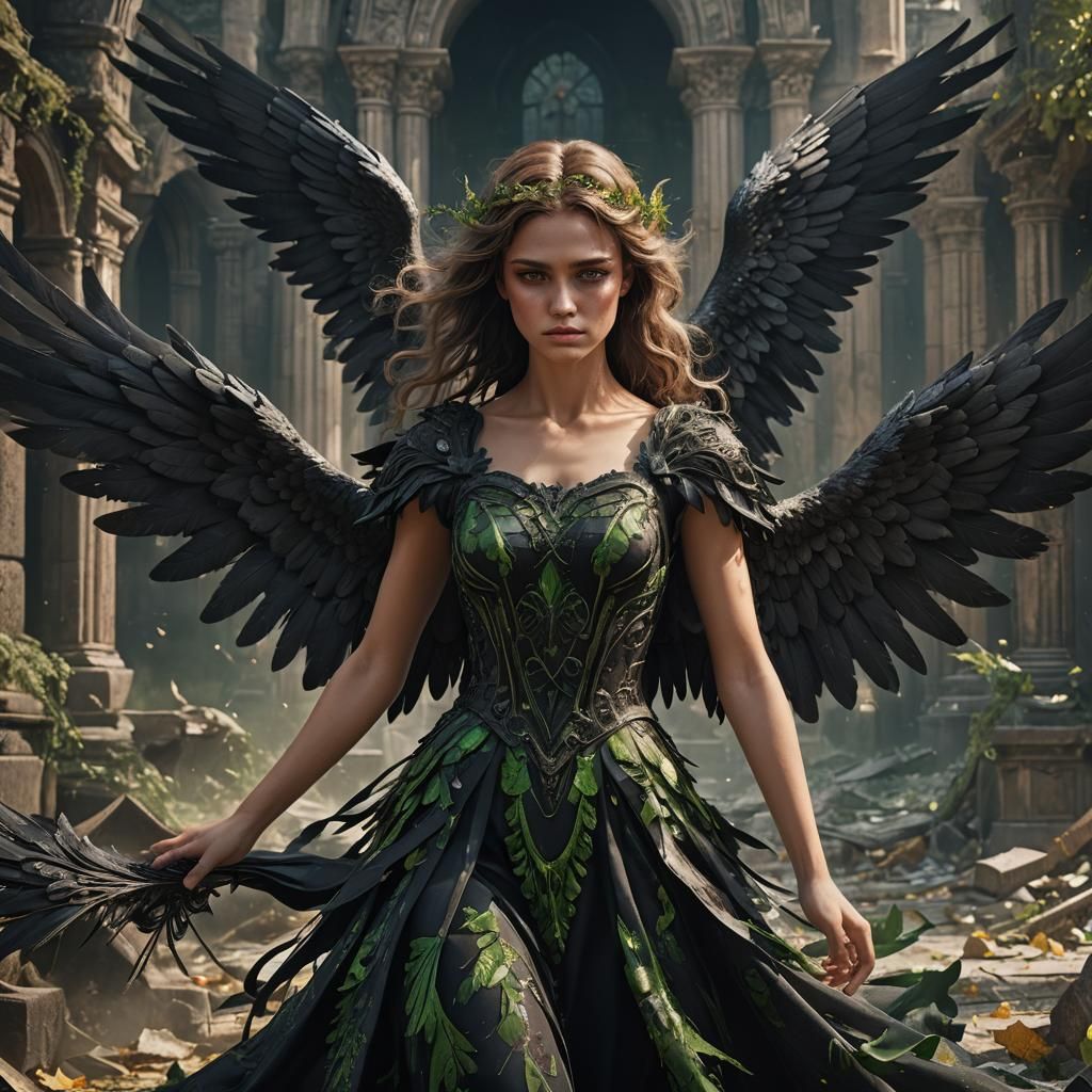 Fallen Angel with Black Wings in Detailed Matte Painting