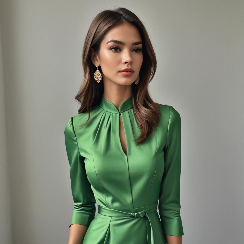 Colombian Model in Green Dress: Hyperrealistic Portrait