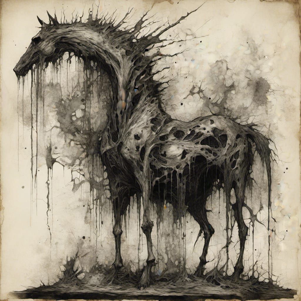 Macabre Ink Sketch of Skeletal Horse