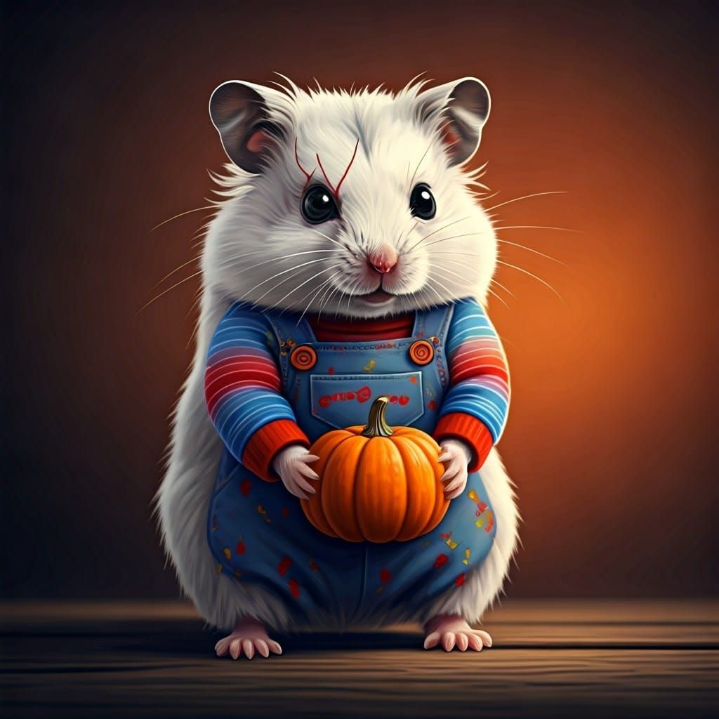 Hamster as Chucky in Whimsical Autumn Scene
