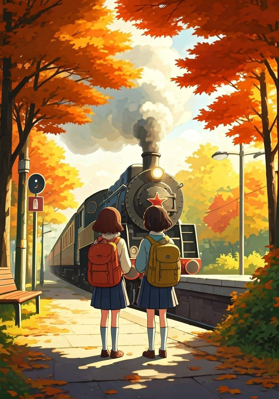 Girls Await Train on Platform in Anime Style