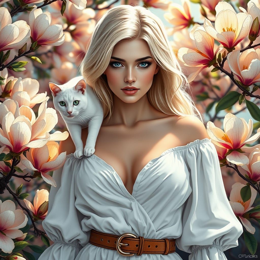 Enchanting Dark Fantasy Portrait with Magnolias and Whimsica...