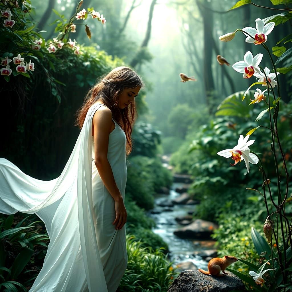 Photorealistic Collage: Forest, Creek, and Ethereal Form