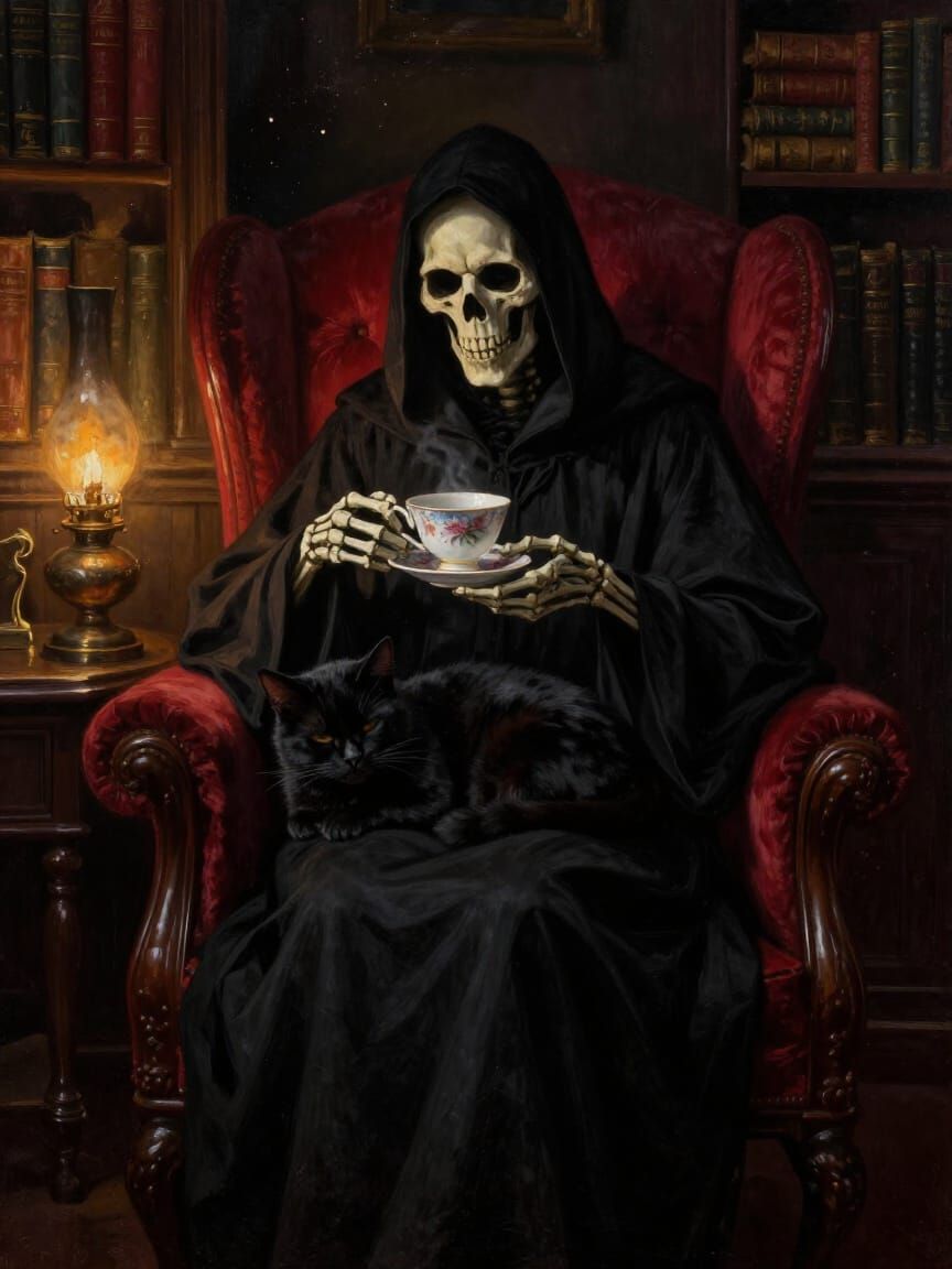Grim Reaper Enjoys Tea in Victorian Study