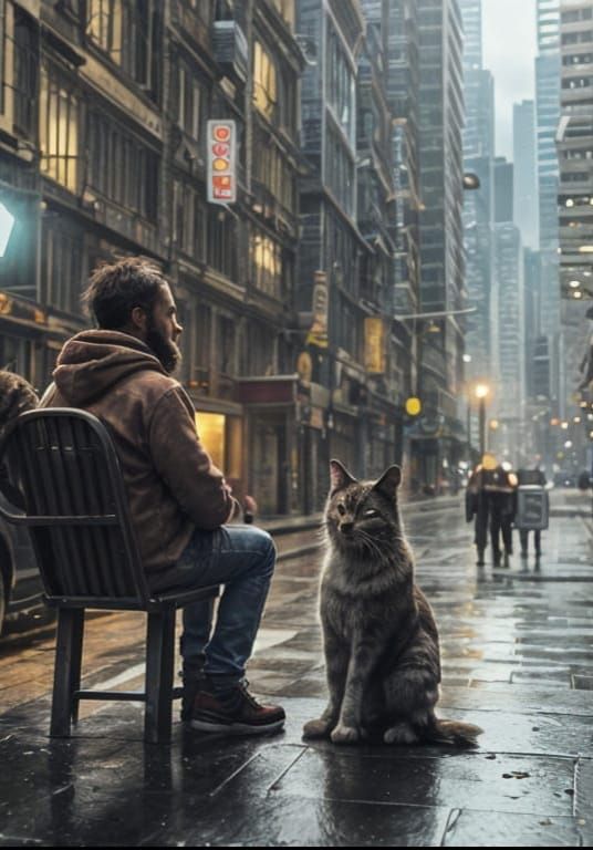 <lora:Cats:1.0> A Street Cat Called Bob - a homeless man with his pet cat around his shoulders