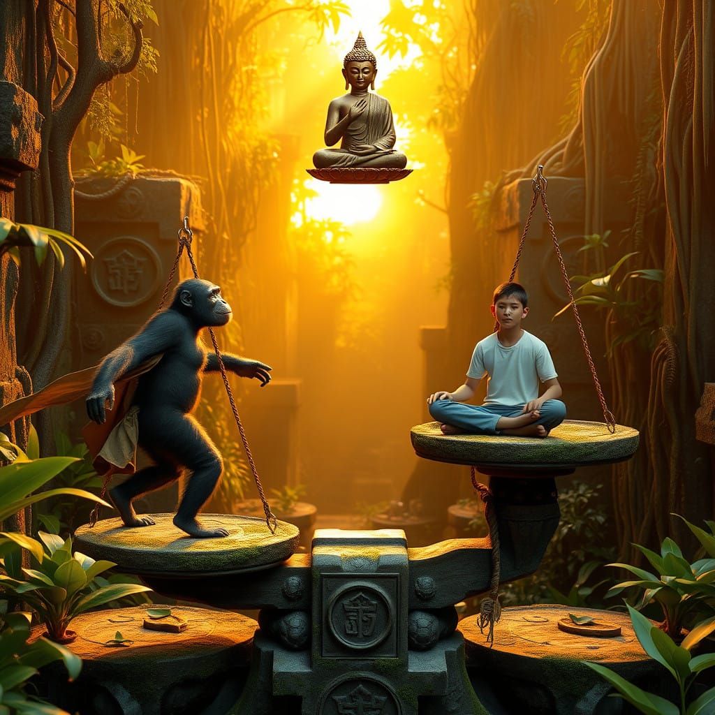 Elegant Chimpanzee Dances on Ancient Scale Amid Jungle Sanct...