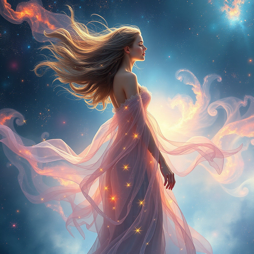 Astral Dream: Woman in Starry Nebula, Impressionistic Style