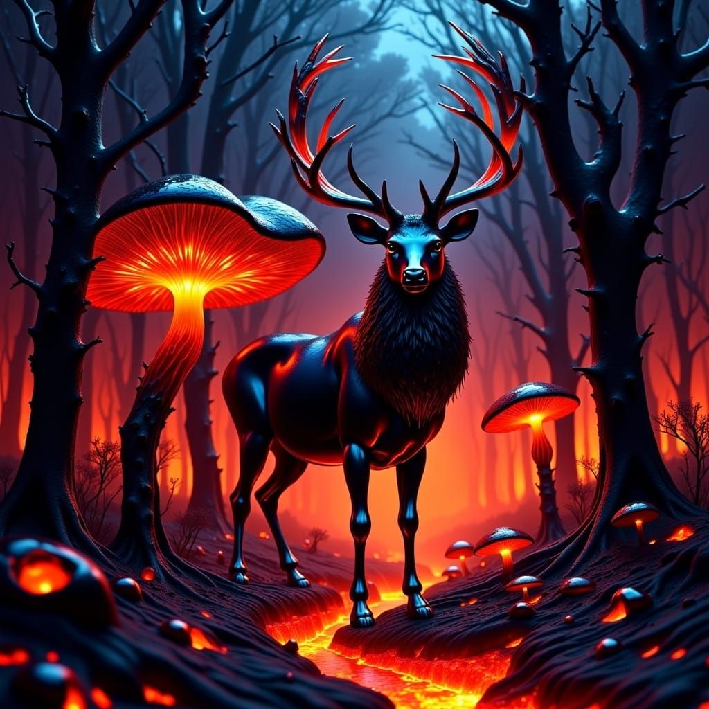 Stag Deer in Volcanic Mushroom Forest
