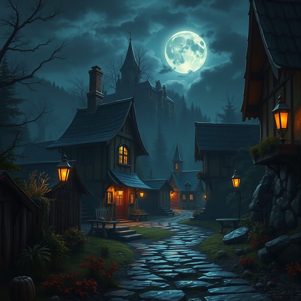 Village Street at Dawn with Illuminated Lamp Posts