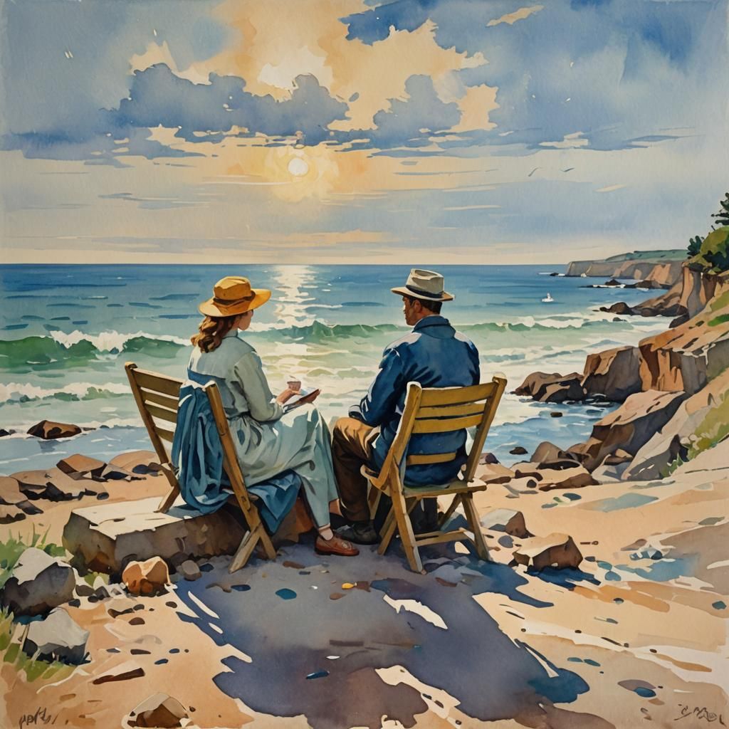 Seaside Couple in Gouache Watercolor Style