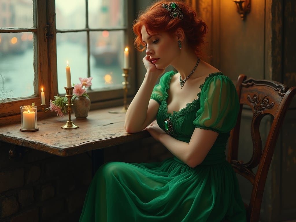 Victorian Lady's Sad Reflection in Venice Cafe