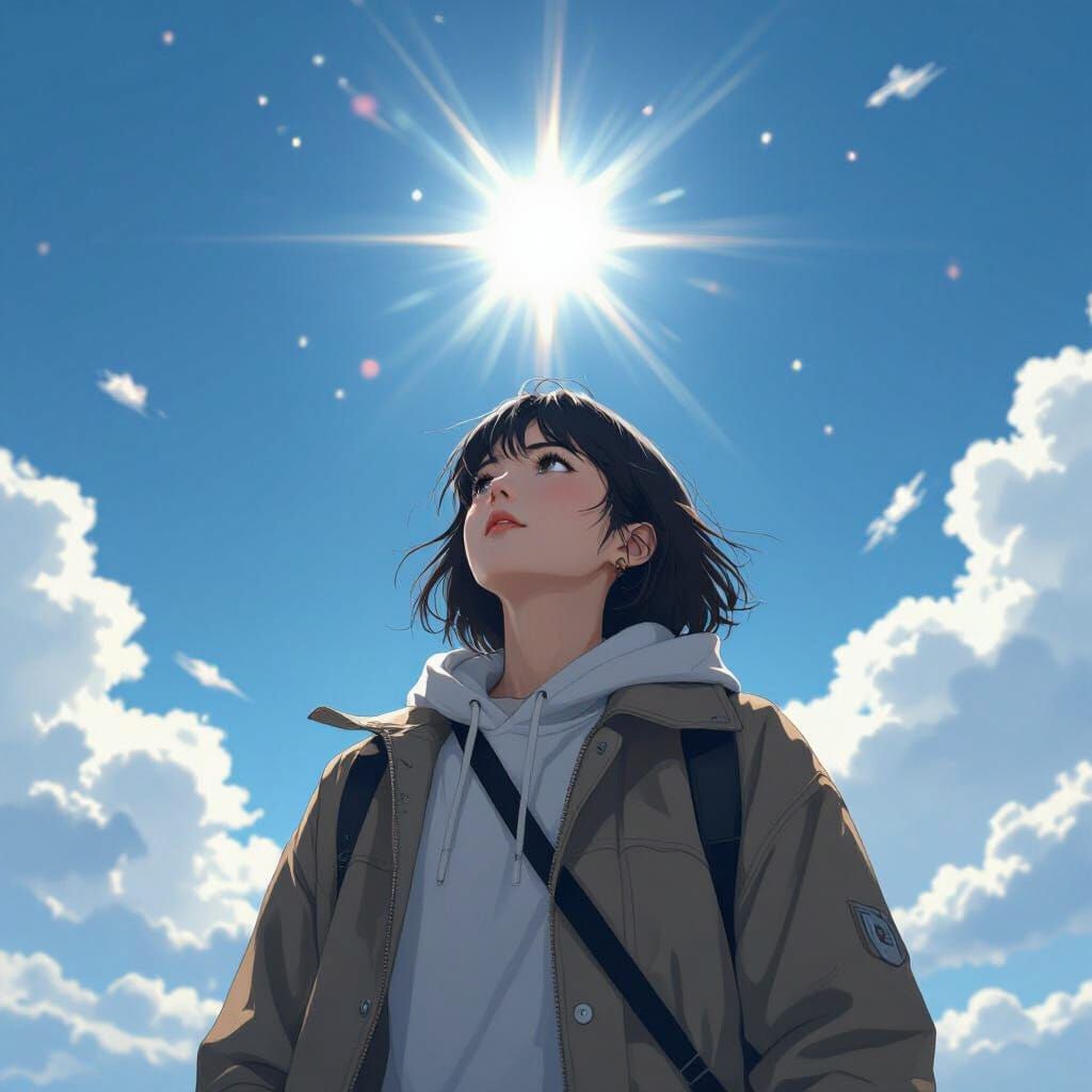 Person Gazing at Radiant Sky in Anime Style