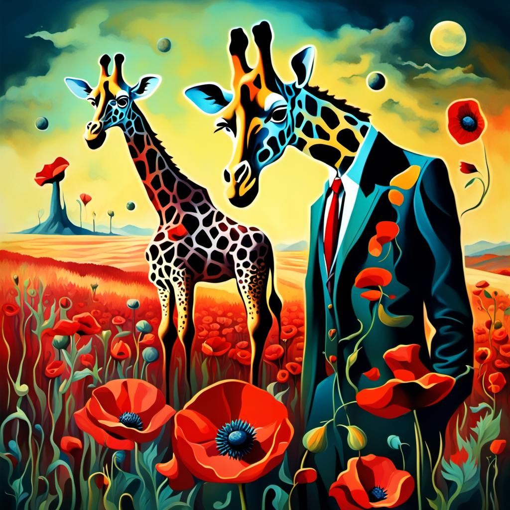 Surreal Giraffes and Watches in Poppy Field