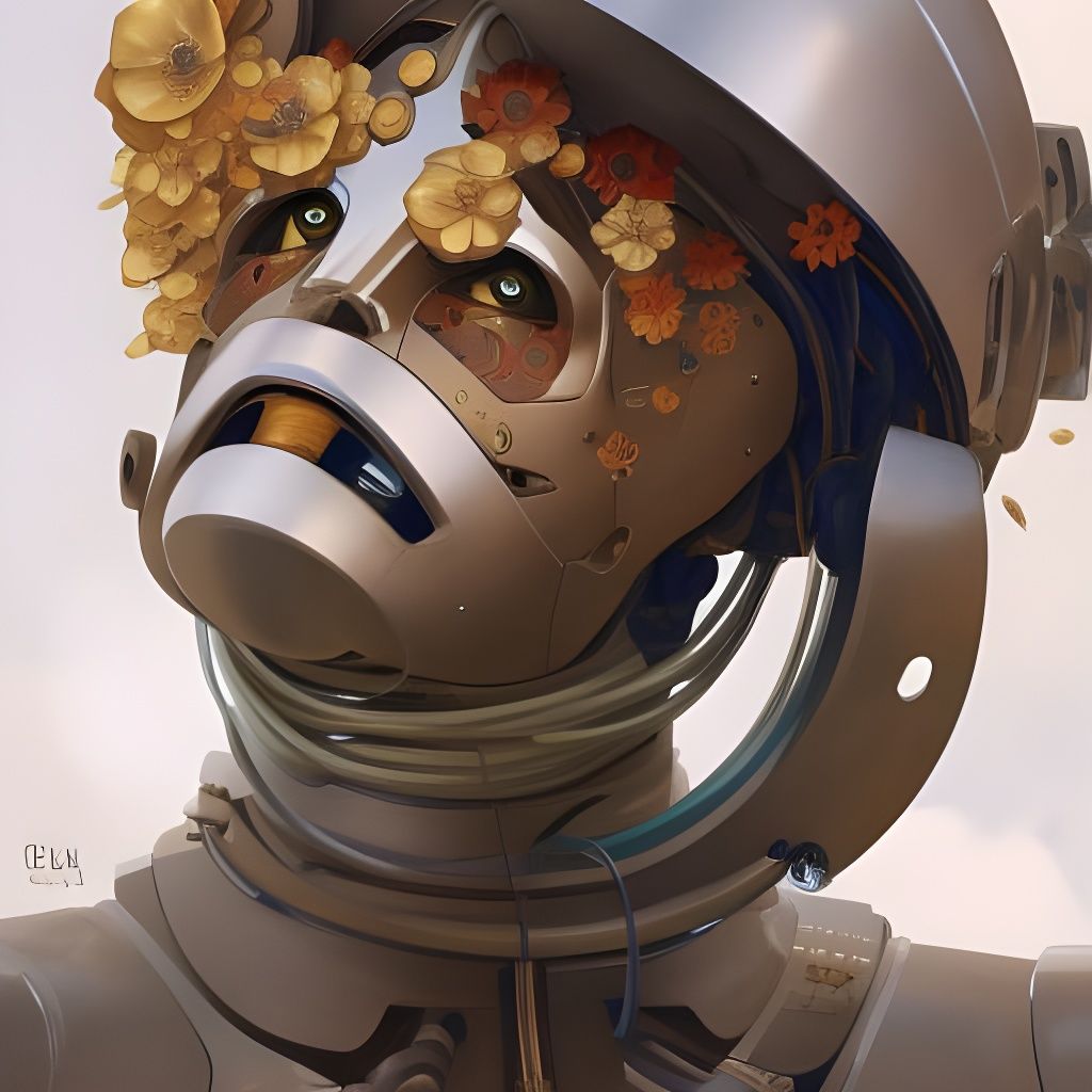 Robot with Flowers in Hyperdetailed Digital Art
