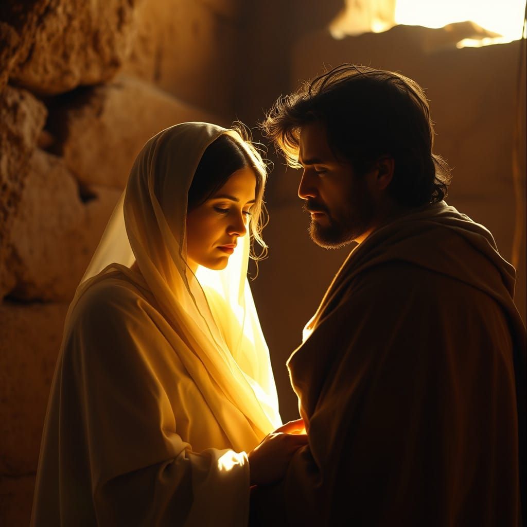 Jesus' Parents in Contemplation, Set in a Timeless, Golden L...